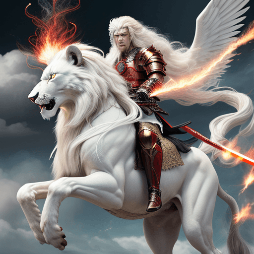AI generated: super realistic, full detail, a white lion face Japanese hero, long white hair, two red arms, raisin...