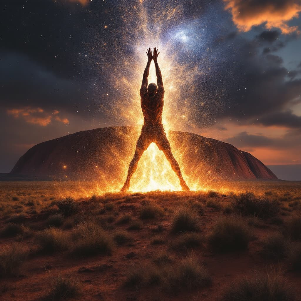 AI generated: uluru transforming, an old man rising from it