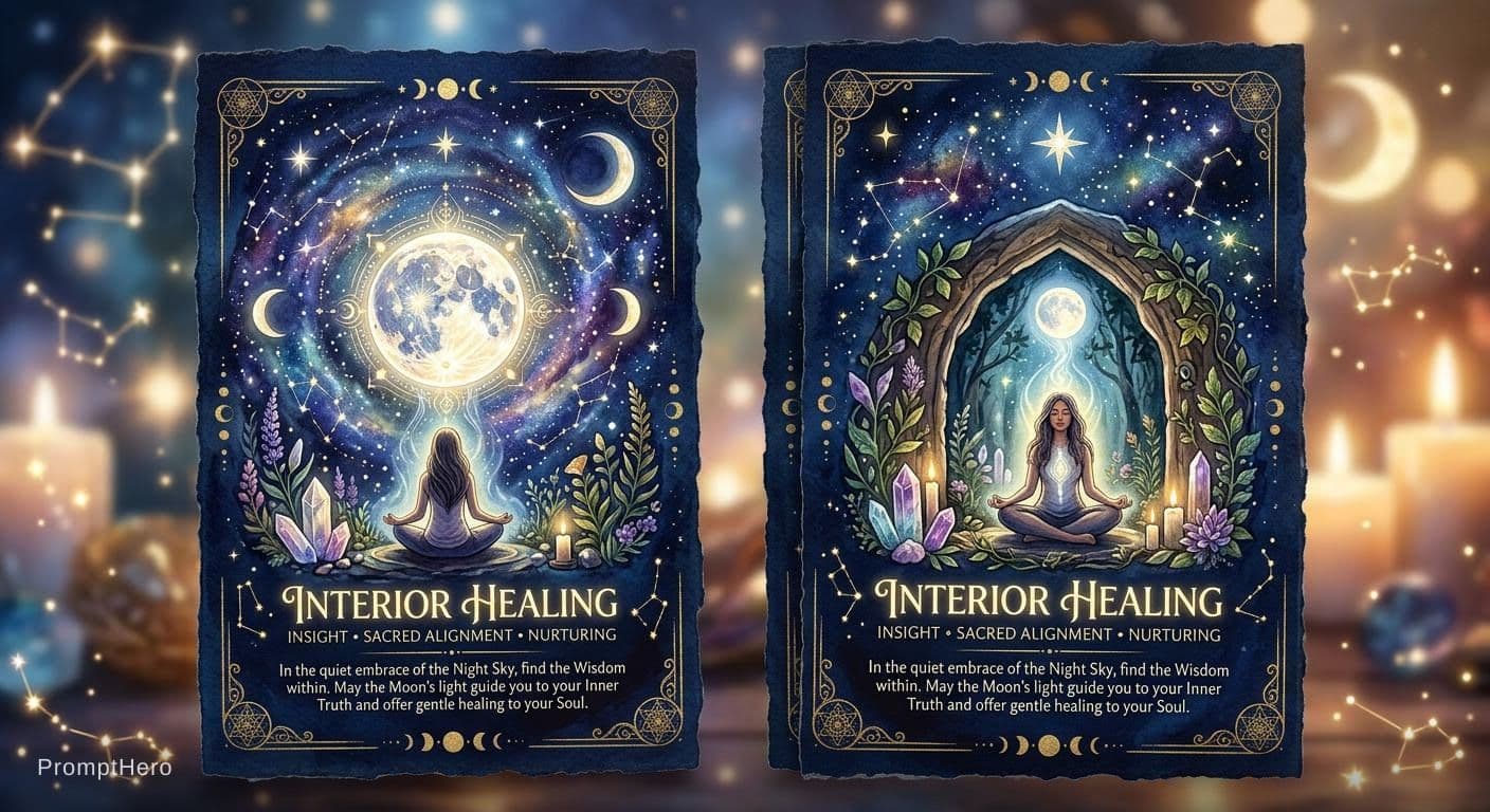 AI generated: sacred, insightful, interior healing card, moon, stars,