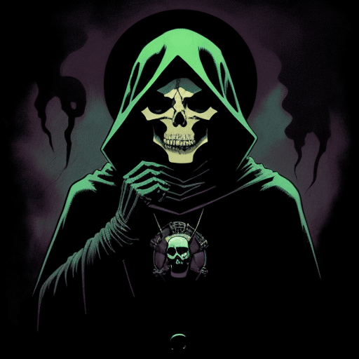 AI generated: mysterious cloaked skull, occult, horror, in the style of Mike Mignola and Duncan Fegredo by Botero,...