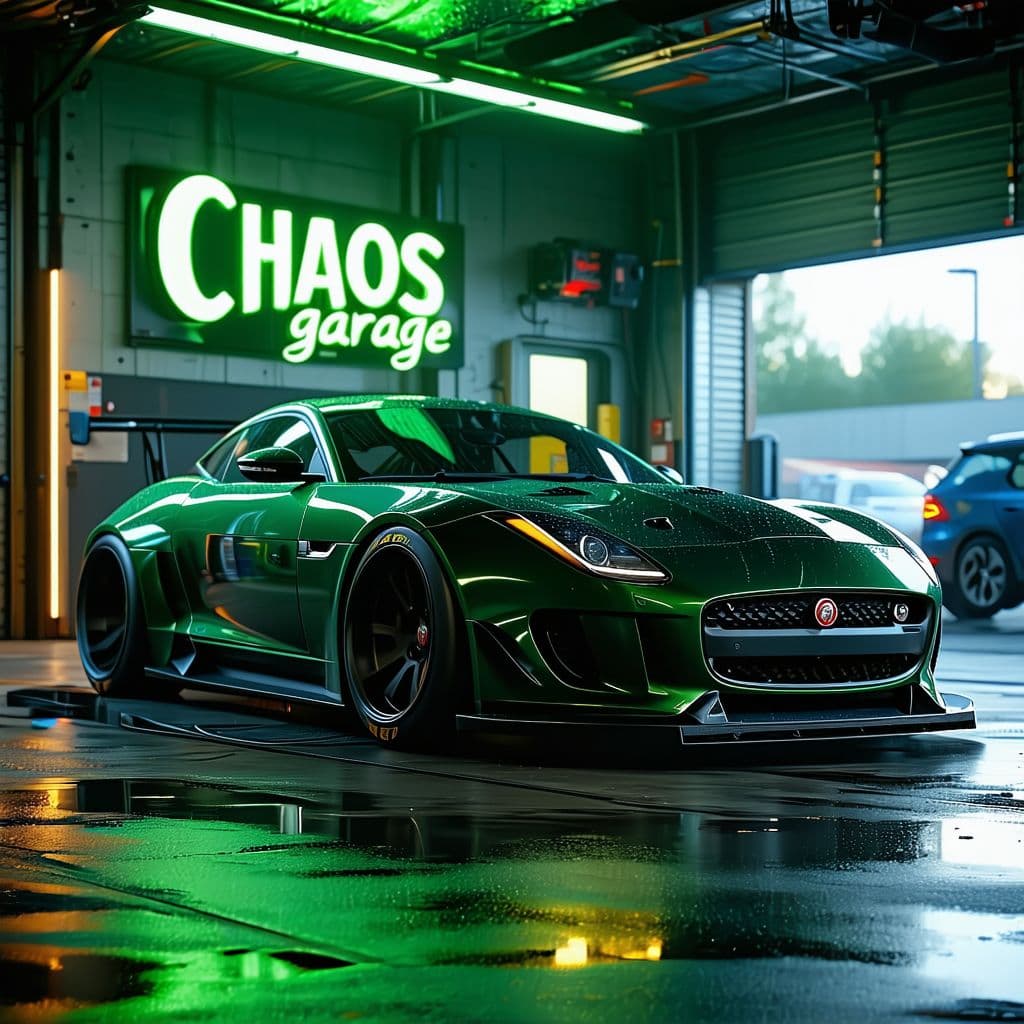 AI generated: General outline of a latest model dark British racing green jaguar ftype with 
 in steampunk style, ...