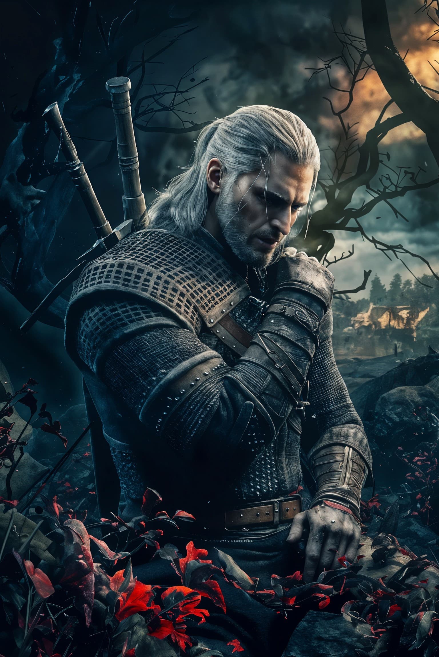 AI generated: The Witcher, in the style of Christopher Nolan, from the series The Witcher with Henry Cavill, evil ...