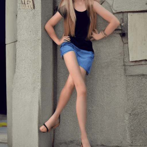 AI generated: 20 year old woman, straight blonde hair, blue eyes, sharp nose, long legs, full body shot