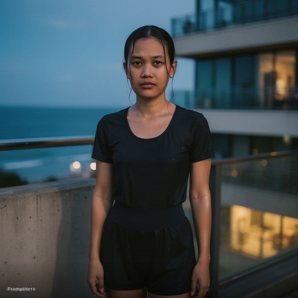 AI generated: A documentary style photograph of a young female on a high balcony just after swimming. Her long dar...