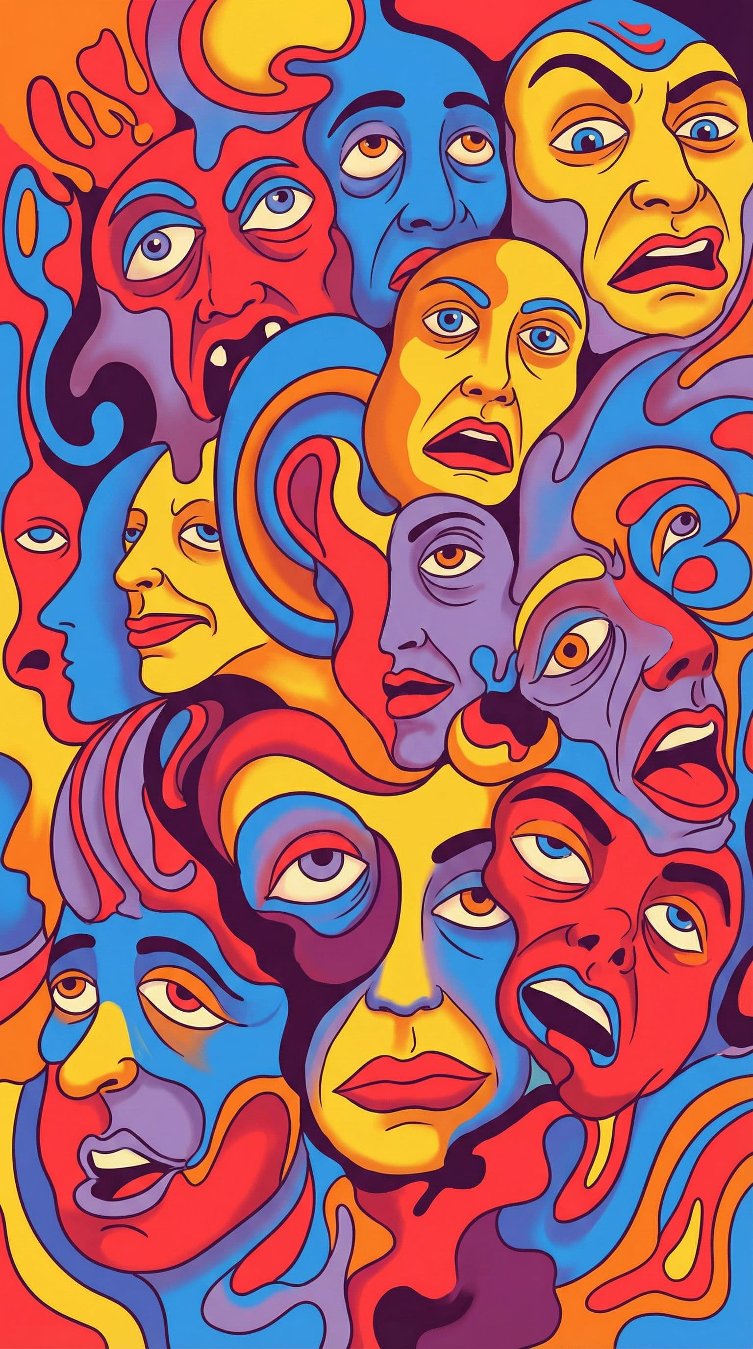 AI generated: different expressions, melting blending, a chaotic cluster of abstract colorful faces squeezed tight...