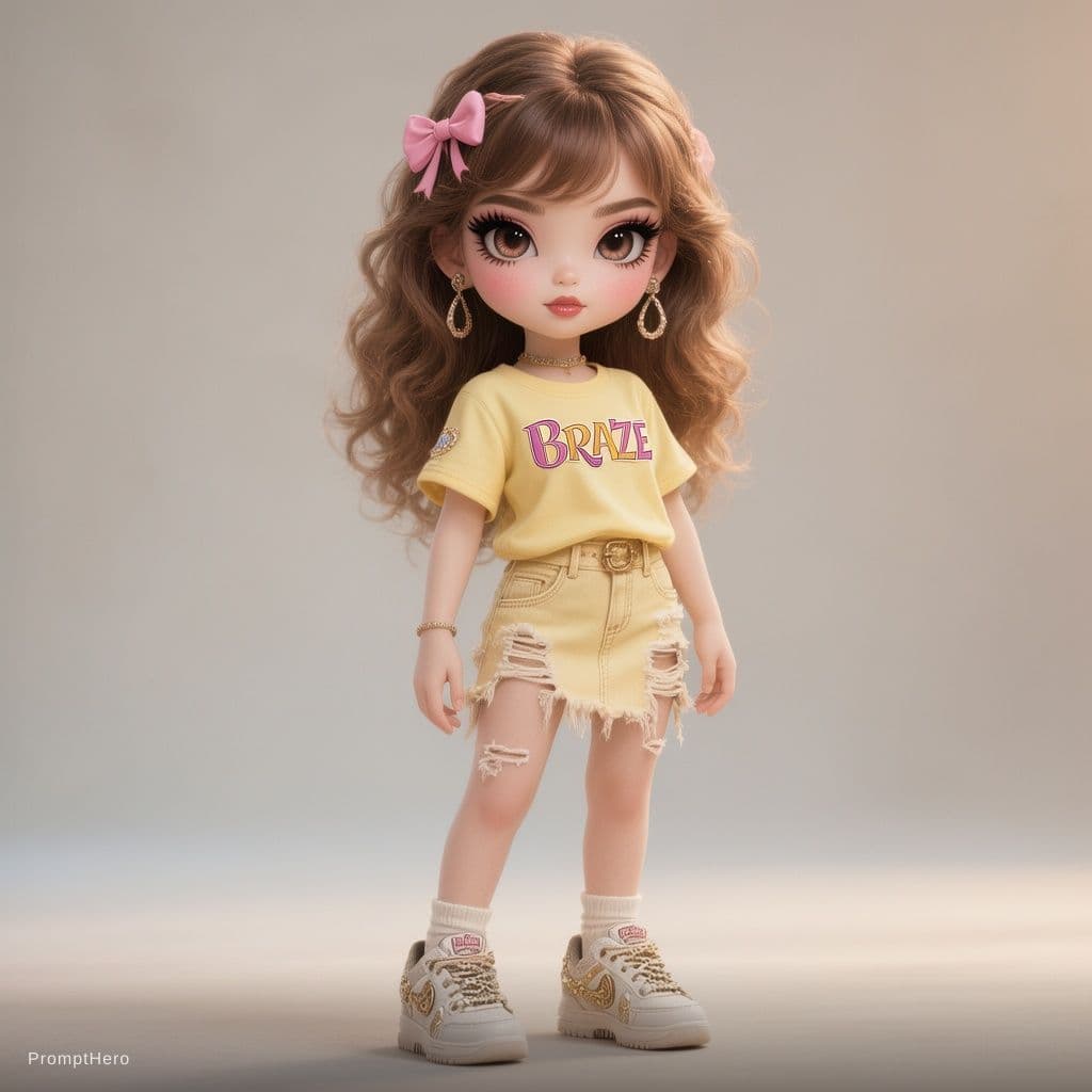 AI generated: 3d image, cute girl, in the style of Bratz-style wearing a butter colored tee and torn skirt with up...