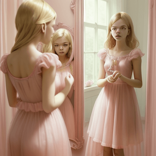 AI generated: blond woman in pink dress brushing teeth in front of mirror, pink dress, translucent dress, dressed ...