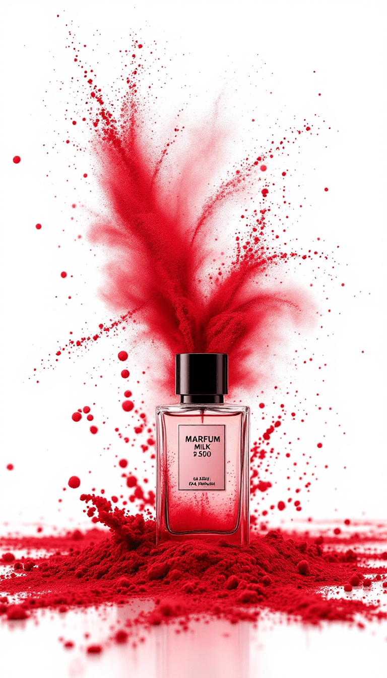 AI generated: a photo of 3 big parfums with a dark red powder explosion on a milk white background --ar 2:3 --styl...