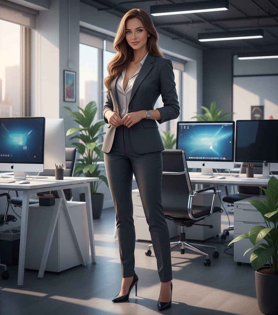 AI generated: A photorealistic masterpiece of an office lady with long, silky chestnut hair cascading over her sho...