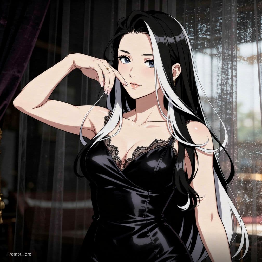AI generated: A stunning anime-style female character with long, flowing black and white hair, wearing elegant bla...