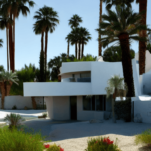 AI generated: enigmatic hovering house in palm springs synthwave wonderland