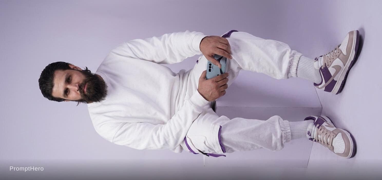 AI generated: Oversized white sweatshirt, white purple oversized combat jean, styled with footwear: white purple n...
