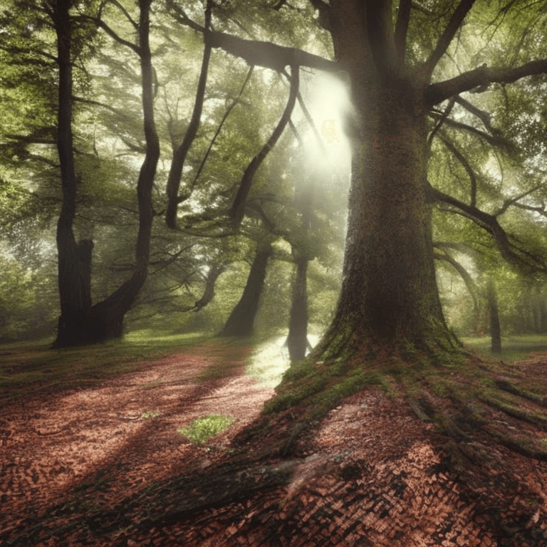 AI generated: An old forest with big trees. Light rays from the sun are shining through the leaves. In the center ...