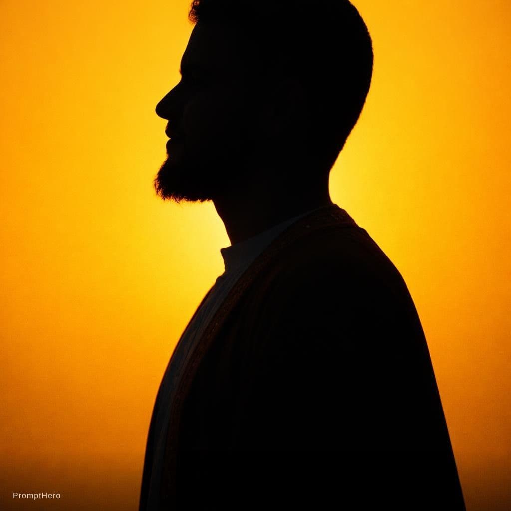 AI generated: photography, portrait of contrast, profile silhouette of a man, vibrant yellow backdrop, visualize u...