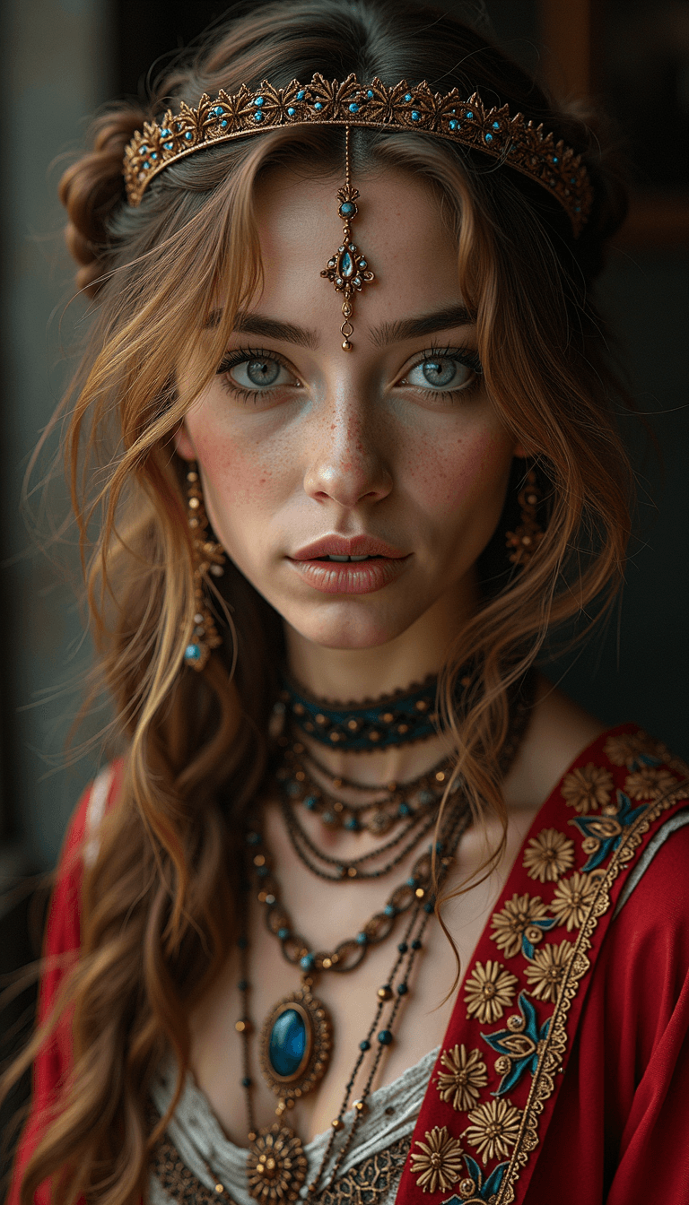 AI generated: A young woman with wavy auburn hair wearing a golden crown adorned with blue gemstones, layered neck...