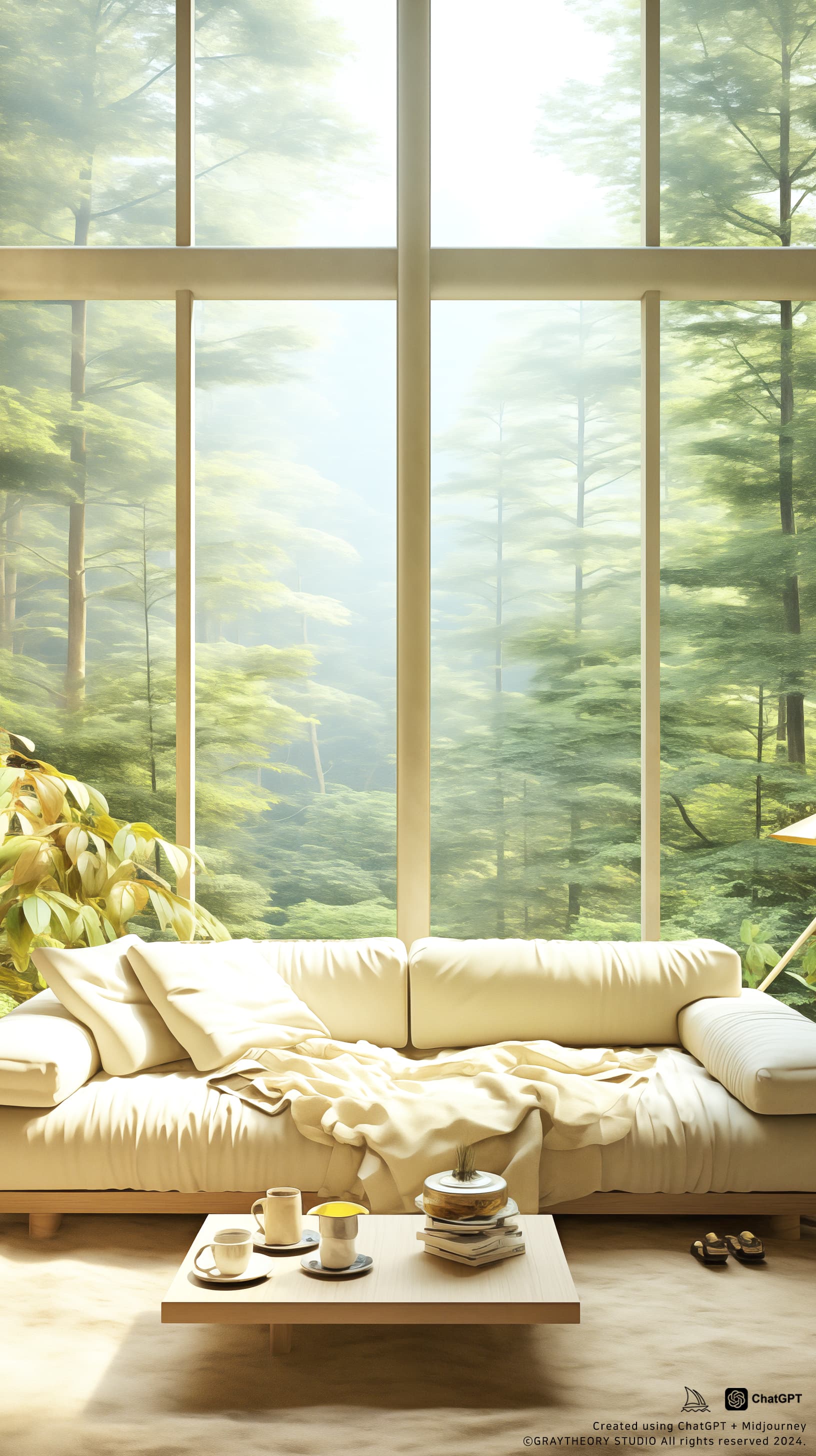 AI generated: front view, eye level, canon EOS 5D, beige sofa with clean lines, warm gray, modern style, realistic...