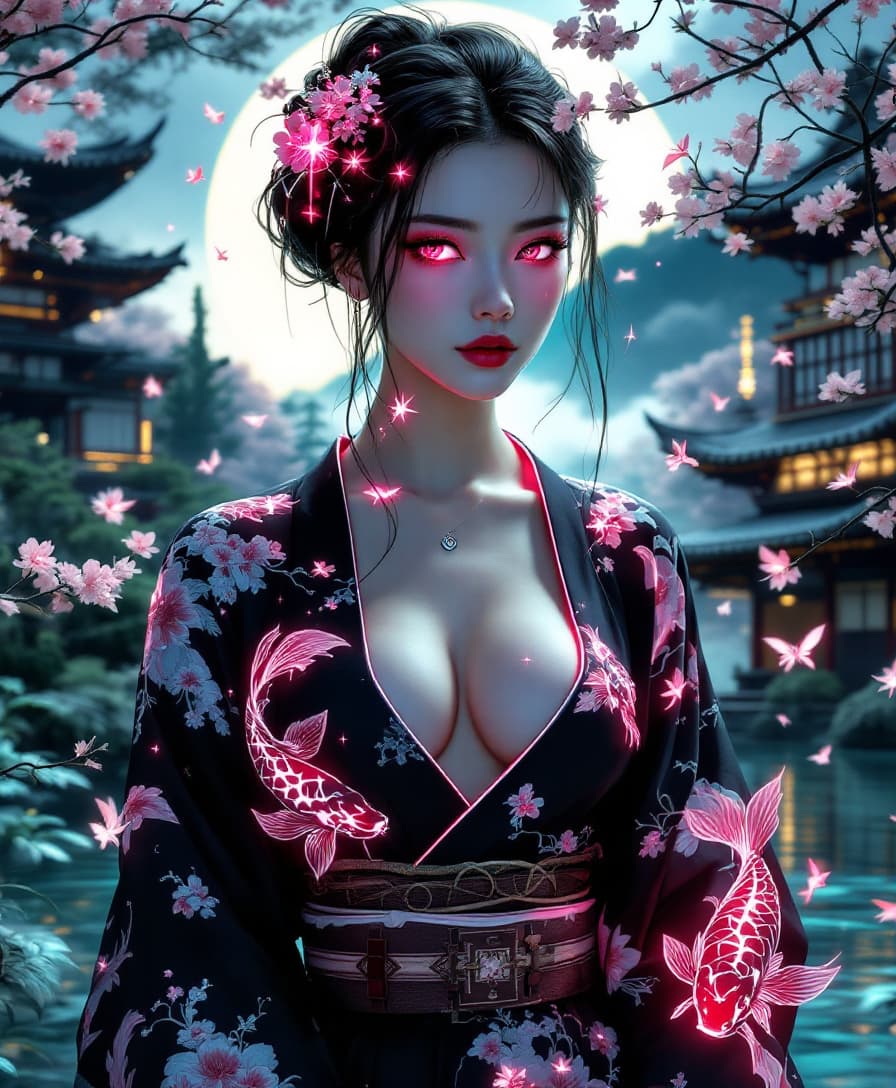AI generated: A mesmerizing portrait of a woman in a deep V-neck top, combining elements of Japanese ukiyo-e art a...