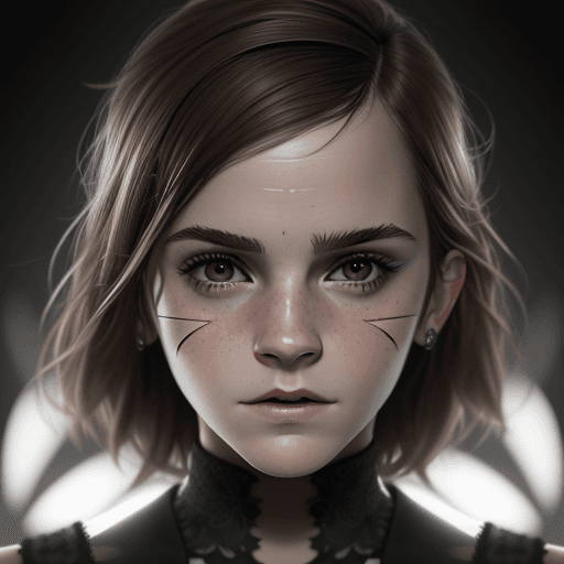 AI generated: Emma Watson, Extreme close-up portrait, symmetrical face. 

octane render, trending on artstation,t ...