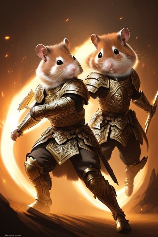 AI generated: (two Hamster warrior fighting among themselves in intricate armor :1. 3) in wind plato of Ancient Wo...