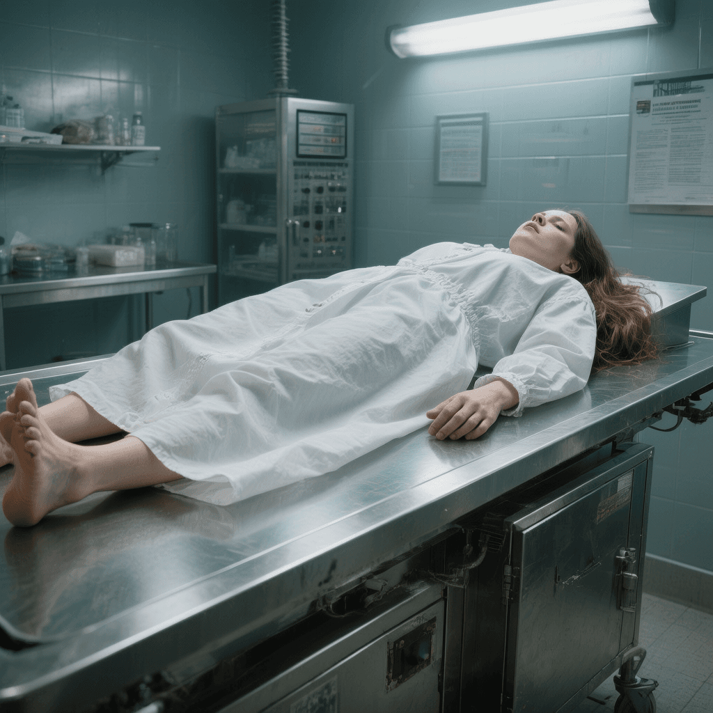 AI generated: dead girl lying on morgue table, bare feet, 