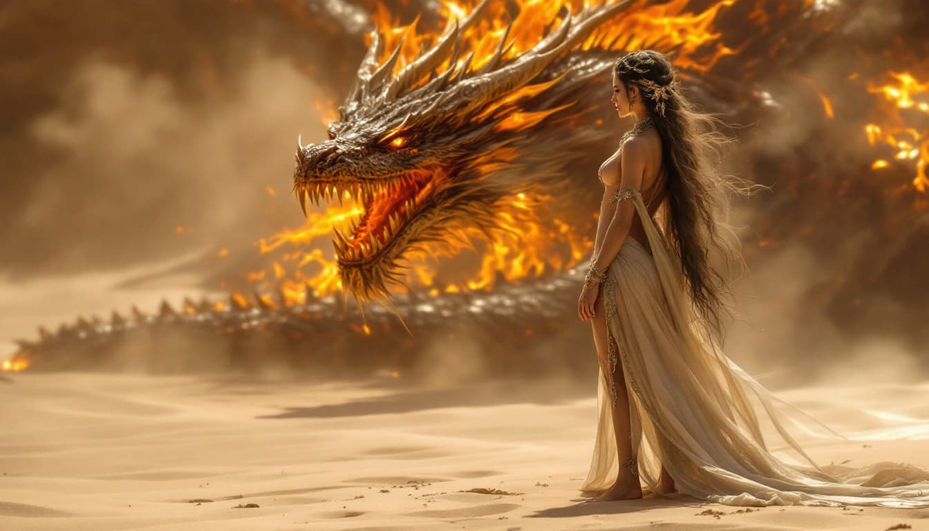 AI generated: a full body view  of a stunning woman princess with minimal wearing, barefoot on sandy floor, and in...