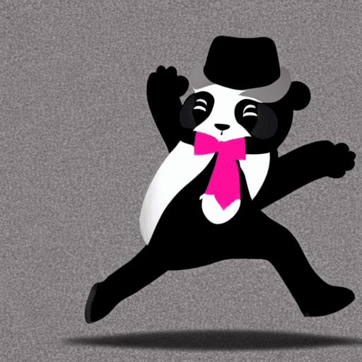 AI generated: a black and white panda wearing: a black bowler hat, a tartan bow tie, pink roller skates, he is run...