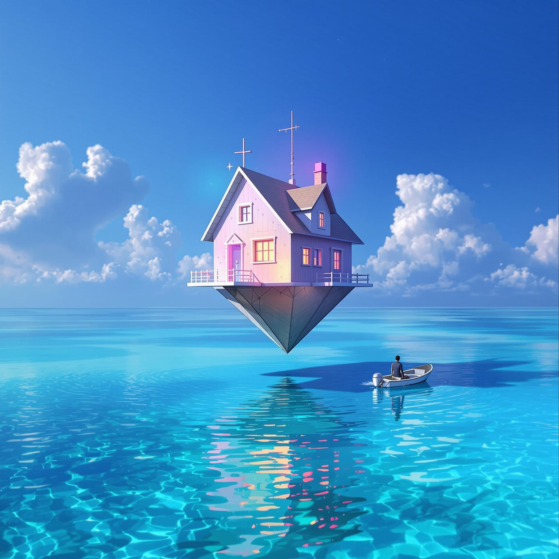 AI generated: On a crystal clear ocean. A lone house suspends. Its exterior glows in ethereal hues. The sky is blu...