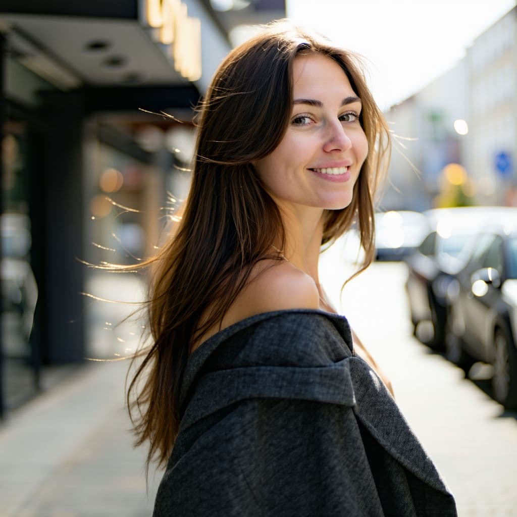 AI generated: a woman-with-long-brunette-hair-and-fair-skin-is-captured-in-a-candid-moment-she-s-wearing-a-very