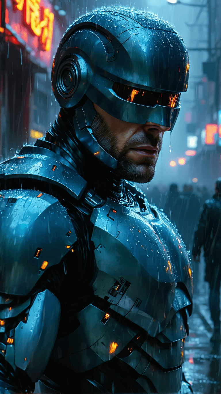 AI generated: Ultra-realistic, highly detailed depiction of RoboCop without his helmet, revealing his human face s...