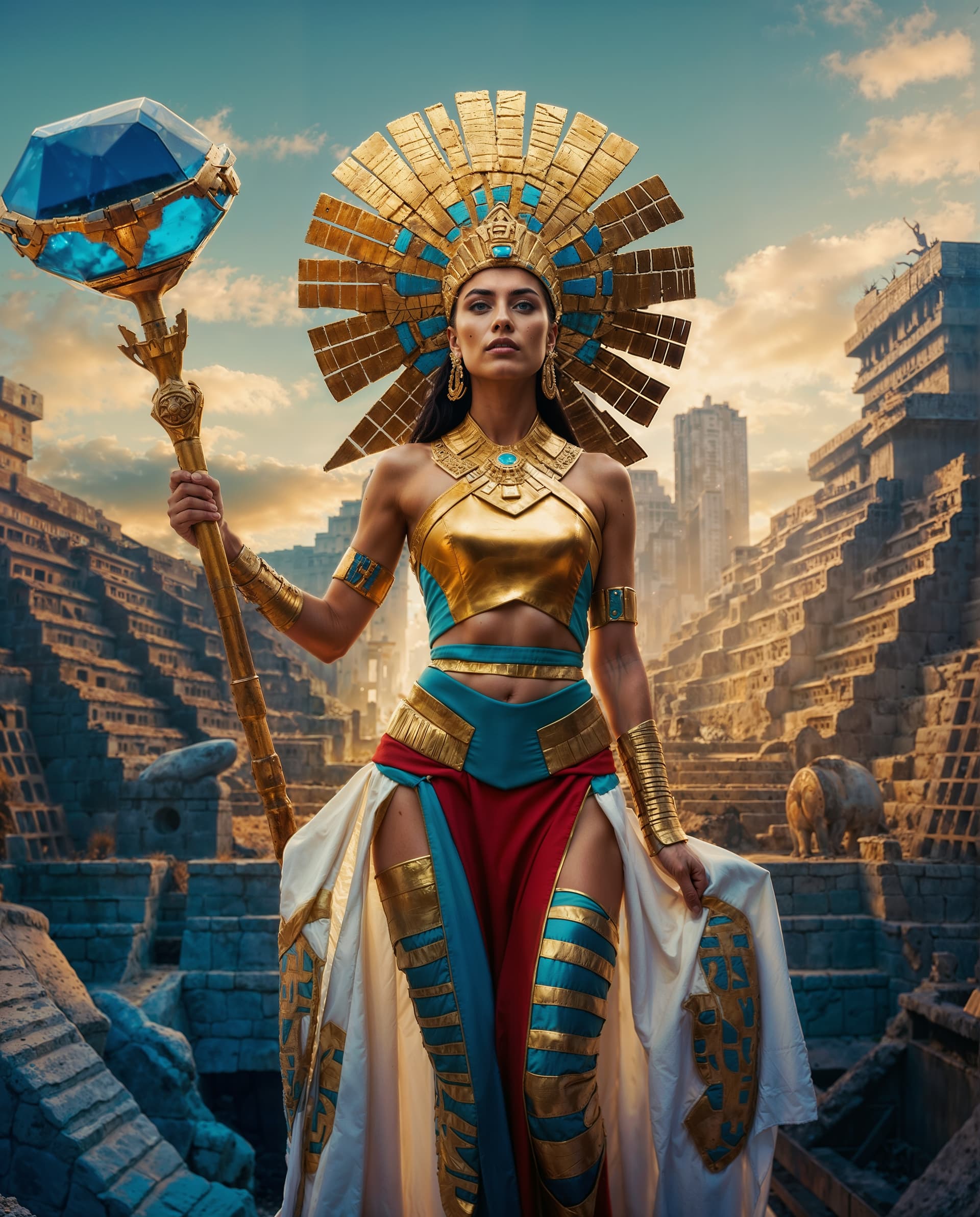AI generated: A striking conceptual image of a futuristic Aztec city, blending ancient architecture with solar-pow...