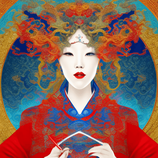 AI generated: masterpiece,(1 red Chinese clothes girl:1.3), (holding writing brush:1.3), (brush stroke effect:1.3)...