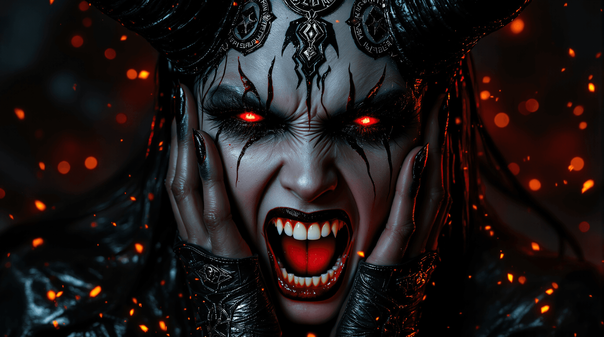 AI generated: An extreme close-up, Record cover-art portrait of **Lilith (A female demon in a dramatic portrait. S...