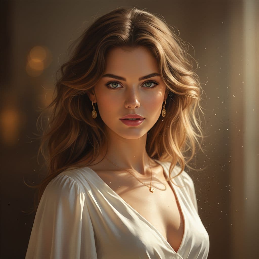 AI generated: "Fine art photography, head and torso portrait, warm light, soft saturation, early 20's supermodel, ...