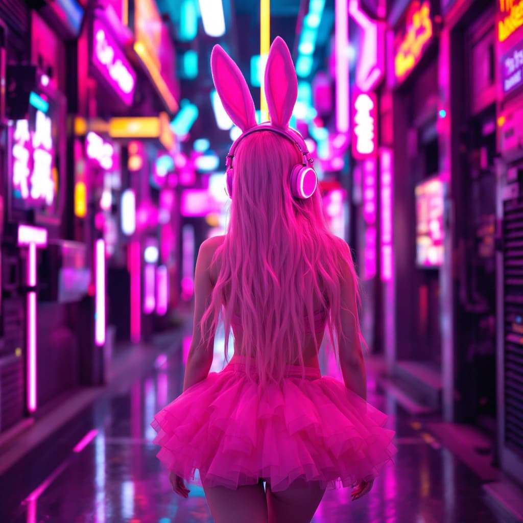 AI generated: The pink bunny girl in the cyber world is a cyberpunk (full body photo), with beautiful long hair, w...