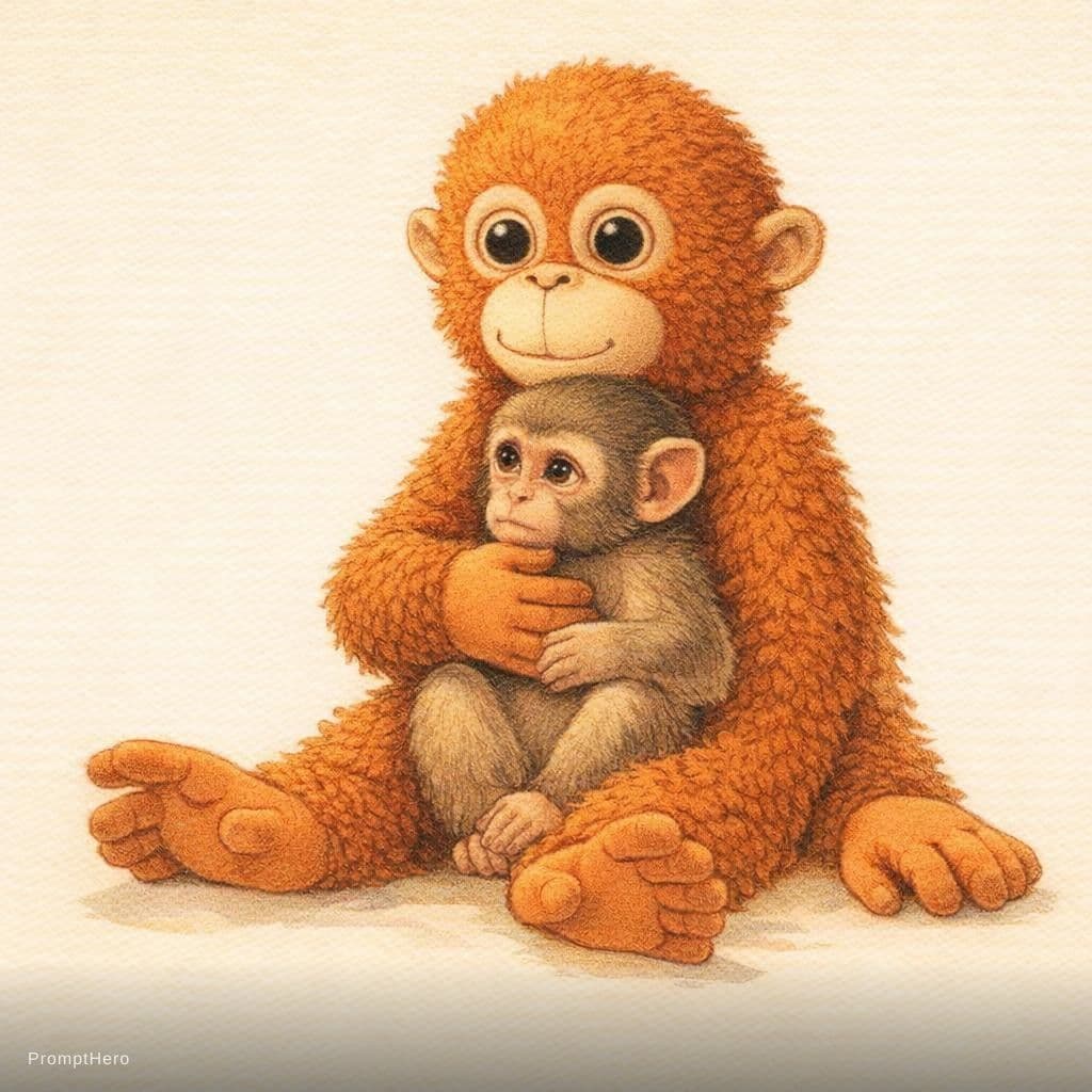 AI generated: vintage children's book illustration, small baby monkey sitting in the lap of a large orange plush m...
