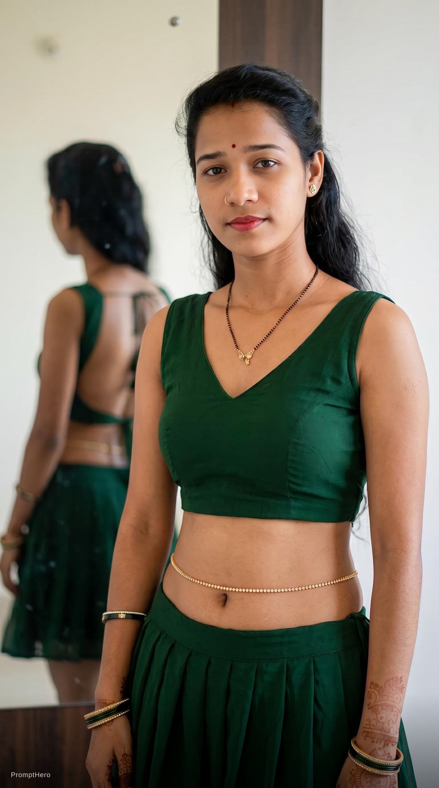 AI generated: she has small mangalsutra on neck and keep original jewelry on neck with earrings. low waist short p...
