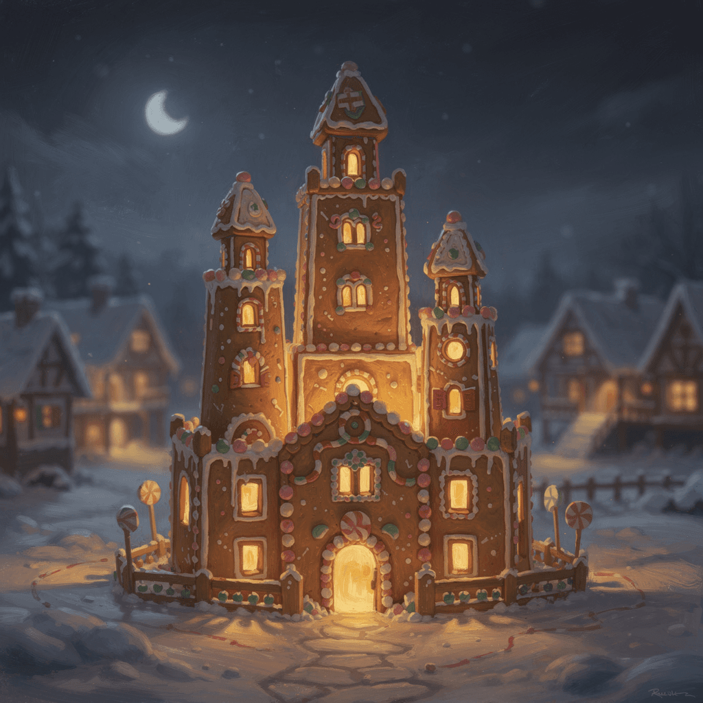 AI generated: An AI-rendered gingerbread castle comes alive through expressive, geometry-aware brushwork. Sculpted...