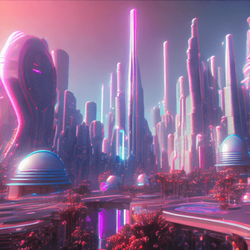 AI generated: futuristic synthwave city, retro sunset, crystals, spires, volumetric lighting, studio Ghibli style,...