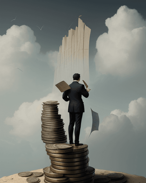 AI generated: A businessman stands atop a precarious mountain of stacked coins, gazing upward at a bold, arrow-sha...