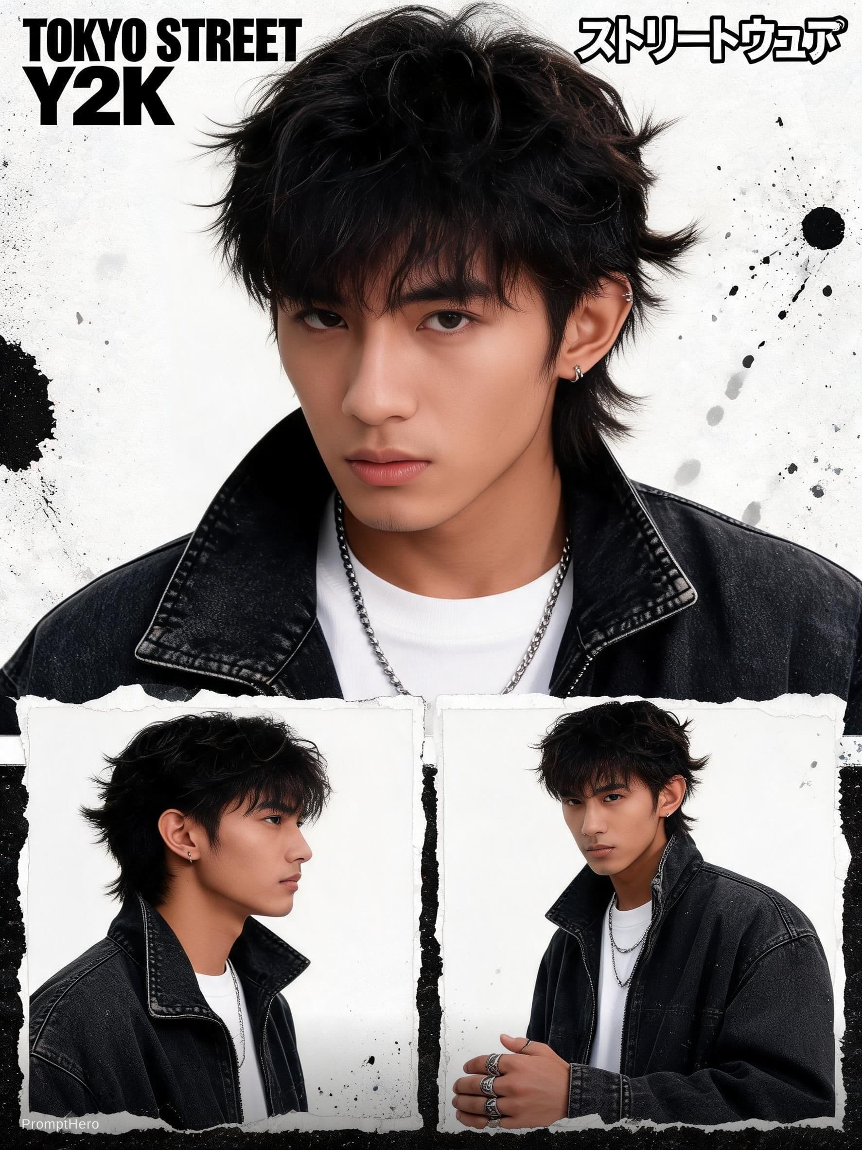AI generated: Buat poster kolase editorial streetwear Jepang bergaya Y2K yang bold dengan estetika majalah fashion...