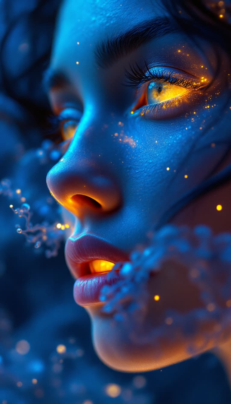 AI generated: Close up of a mesmerizing Female bioluminescent flora macro complex angles, portal to female hidden ...