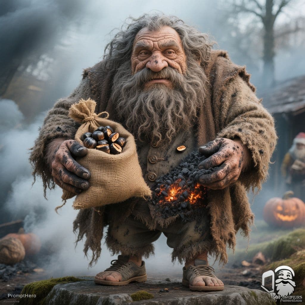 AI generated: Full body character reference, the Apalpador, legendary Galician charcoal burner folklore giant, eld...