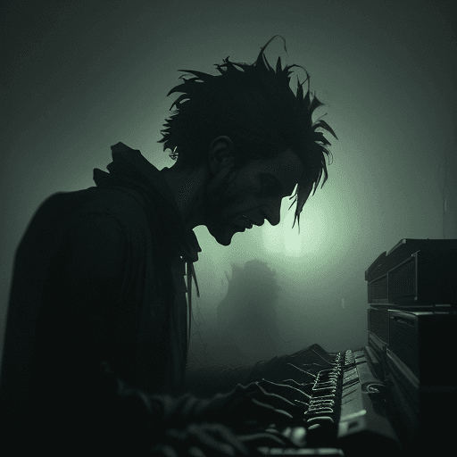 AI generated: 
old keyboard and computer, dirty, grimmy, with smoke and fog in the shadows, particles floating, ch...
