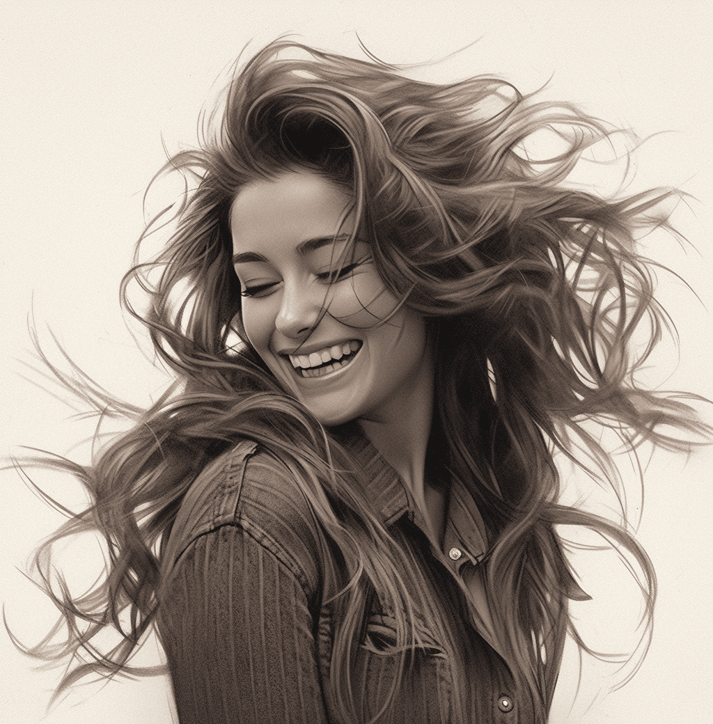 AI generated: a portrait of laughing woman with long hair is drawing in pencil, in the style of hyperrealistic mur...