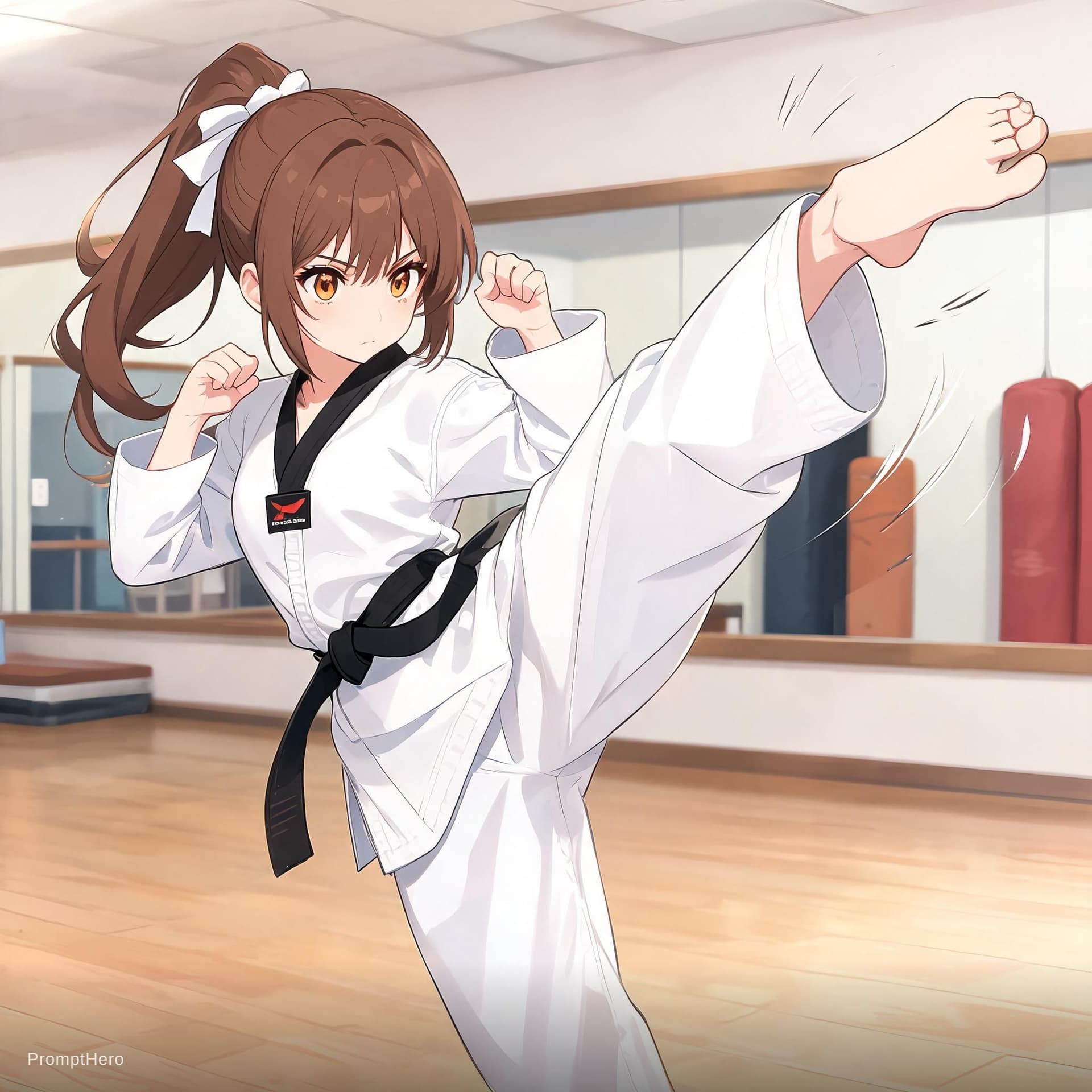 AI generated: a beautiful anime girl doing taekwondo side kick