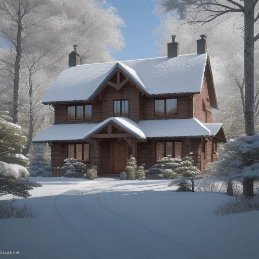 AI generated: Photo of a ultra realistic house in the forest bears, winter, bullfinches on rowan tree, sunny