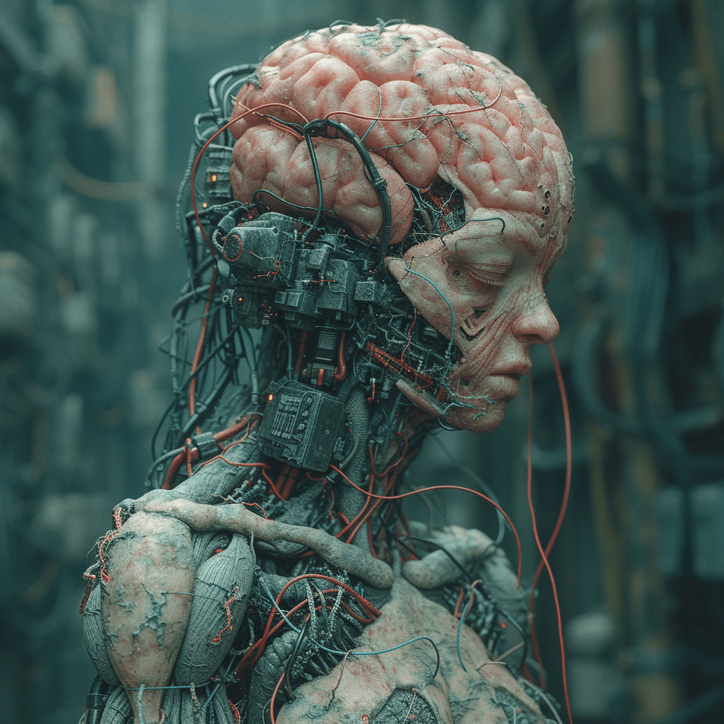 AI generated: a human with organ brain perfectly recreated with wires, electronic cables, scenes from the film, in...