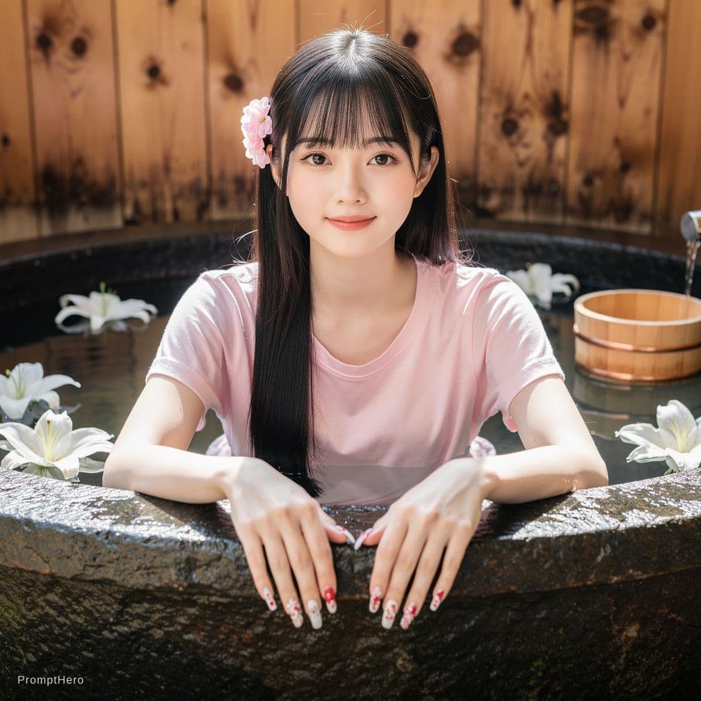 AI generated: 一张高品质、超写实的肖像：一位美丽的年轻日本女子正泡在一座大型深色粗犷石砌浴缸中。她拥有白皙而 luminous（如发光般）的肌肤，乌黑柔顺的长发配以整齐刘海，耳后别着几朵柔和的粉色花朵。她身穿一件细...