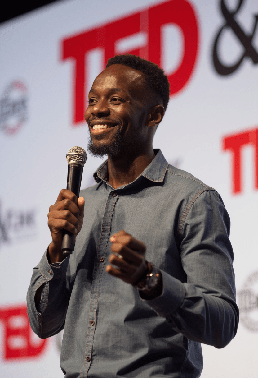 AI generated: close up of a joung African man smiling while speaking on stage from TEDx, White background with TED...