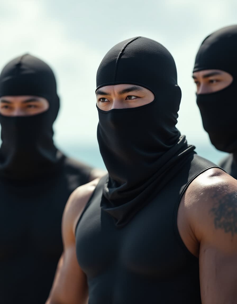 AI generated: Three muscular male Chinese swimmers wear tight compression jammers arrested by policy in day time. ...